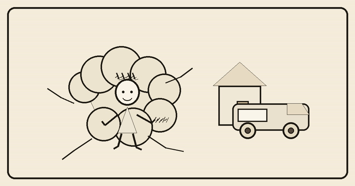 A hand-drawn comic-strip illustration with a messy dust-cloud character, a simple house, and a service truck, in a loose mid-century newspaper cartoon style.