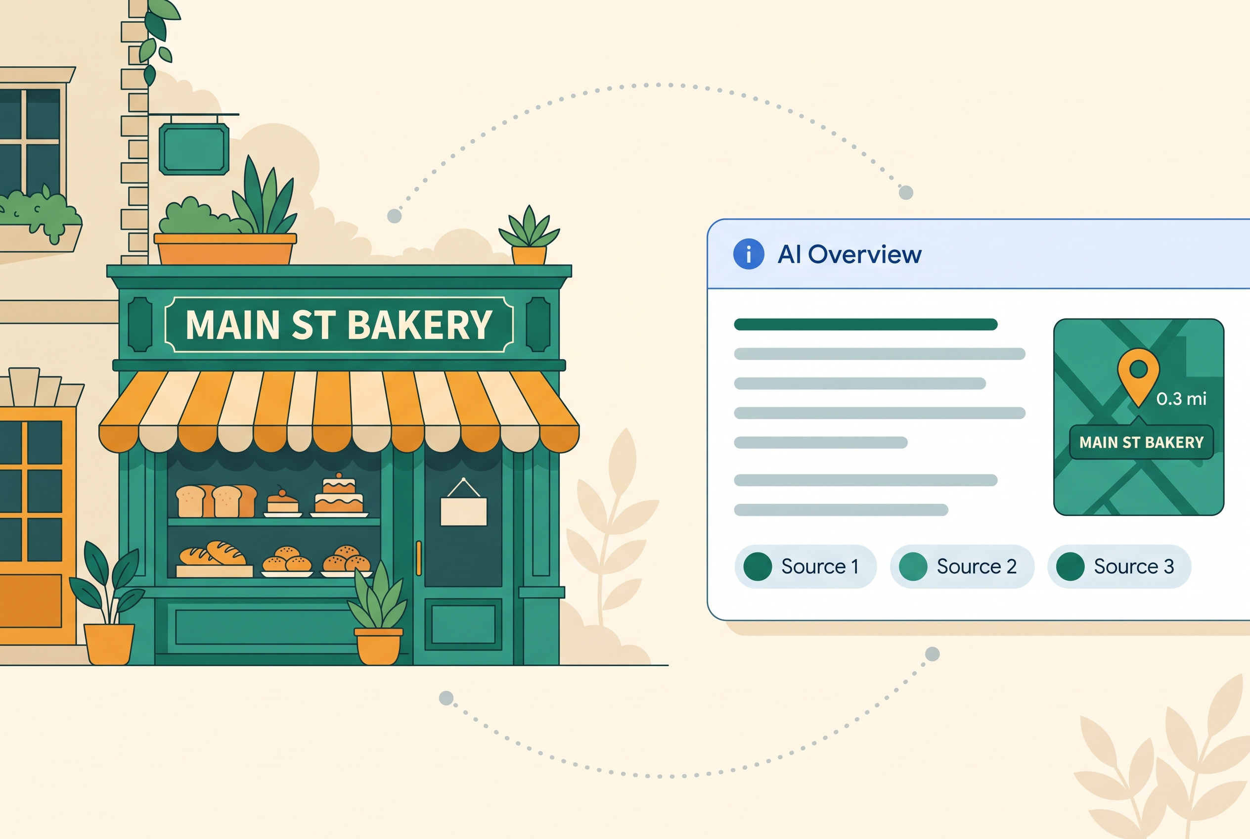 An editorial illustration of a Main St Bakery storefront on the left, connected by a dotted line to a Google-style AI Overview answer panel on the right, in modern flat style with muted teal and warm orange accents on a cream background.