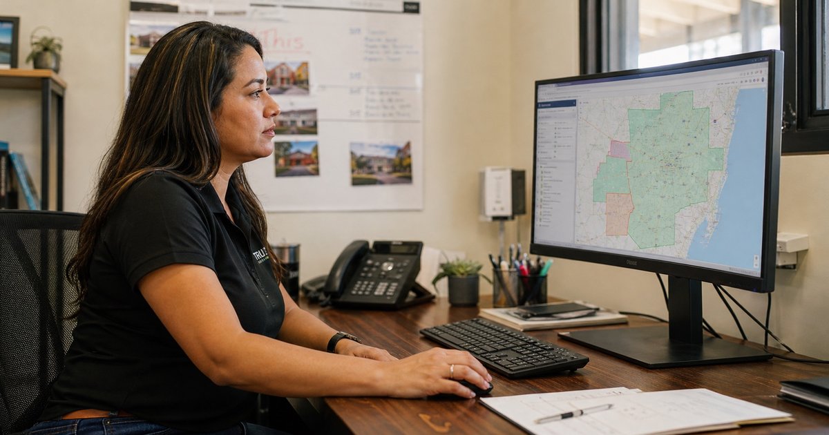 A Hispanic woman in an office looking at a computer screen with a service-area map highlighted.