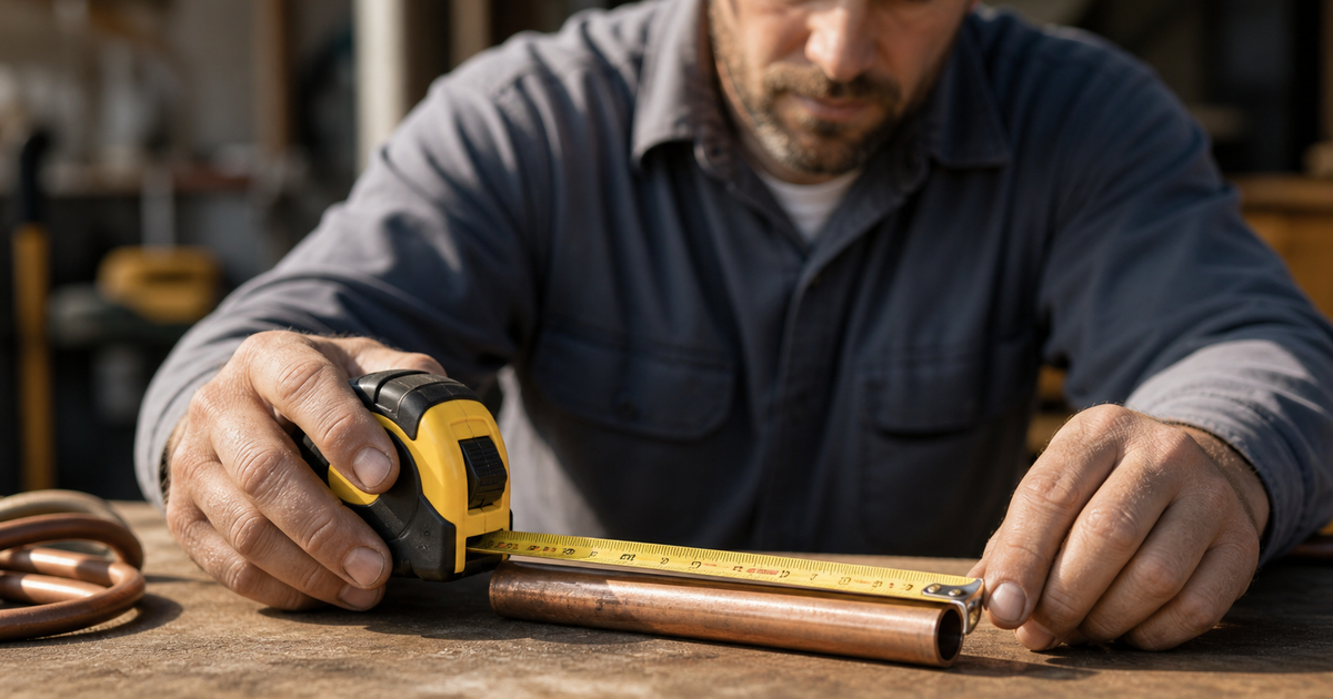 An HVAC technician measures a copper pipe with a tape measure in a workshop.