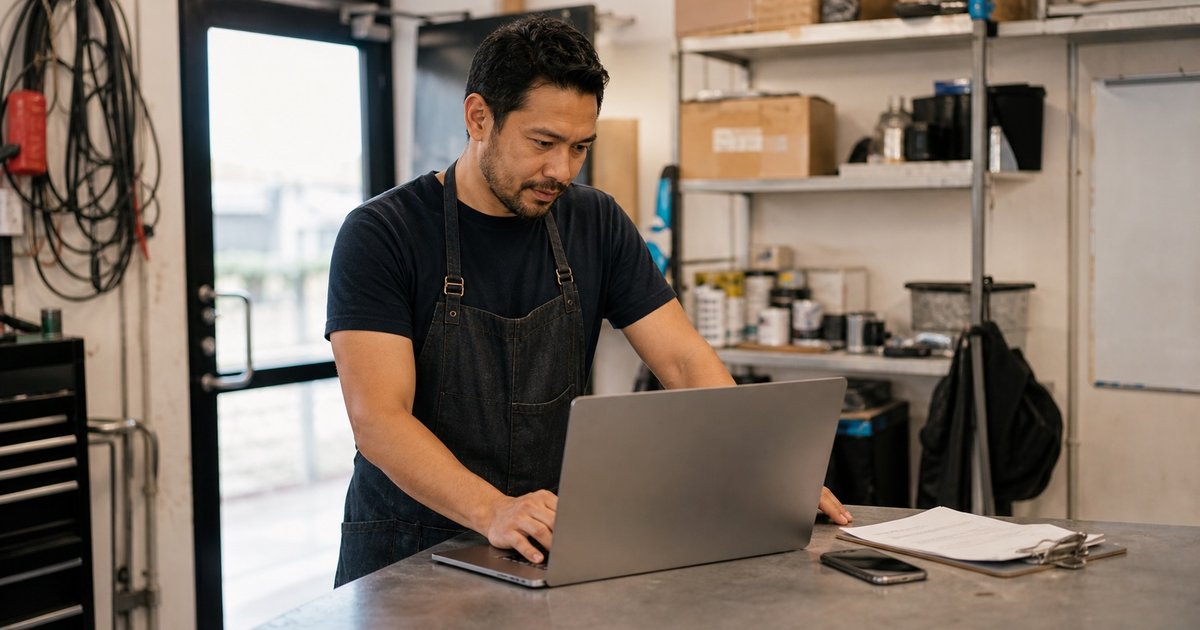 A shop owner in a work apron uses a laptop at a metal workbench inside a small workshop.