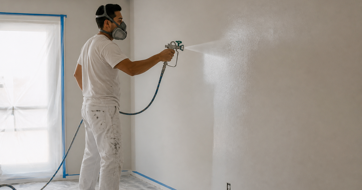 A slim Hispanic painter spraying interior walls in a freshly painted room.
