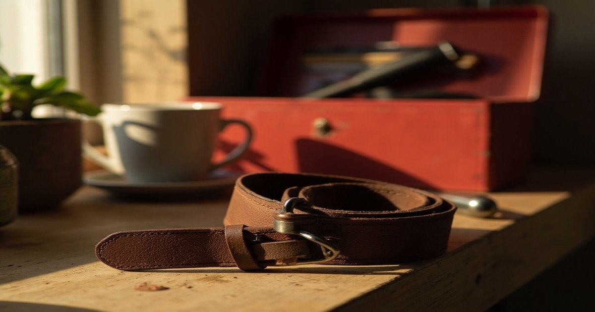 A worn brown leather tool belt folded on a warm wooden workbench beside a closed red metal toolbox, with a small potted plant and a white ceramic mug softly out of focus behind.